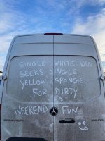 May be an image of van and text that says 'SINGLE WHITE VÀN SEEKS SINGLE YELLOW SPONGE FOR DI...jpeg